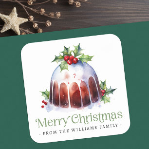 Christmas pudding holly berries watercolor square sticker