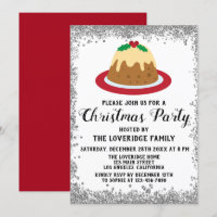 Christmas Pudding Xmas Party Red Silver Glitter