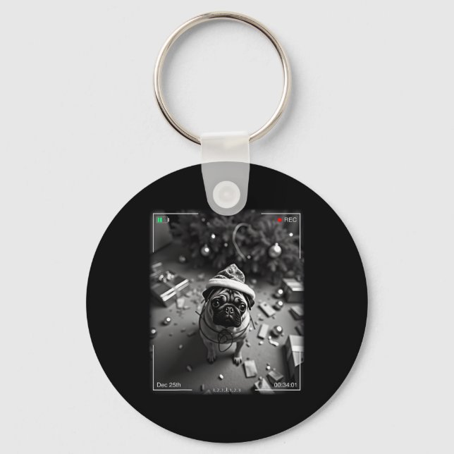 Christmas Pug Caught On Camera  Key Ring (Front)