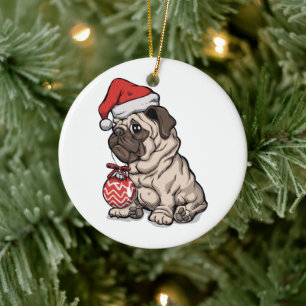 Christmas Pug cute hat cartoon Ceramic Tree Decoration