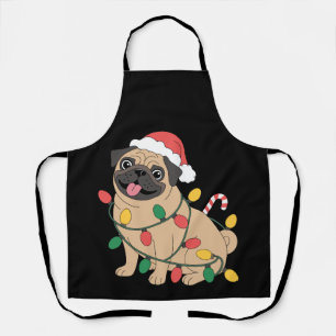 Christmas Pug Dog Santa Hat Lights Candy Cane Apron