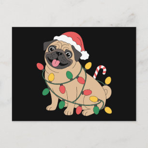 Christmas Pug Dog Santa Hat Lights Candy Cane Holiday Postcard