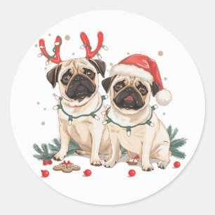 Christmas Pug Dogs Classic Round Sticker