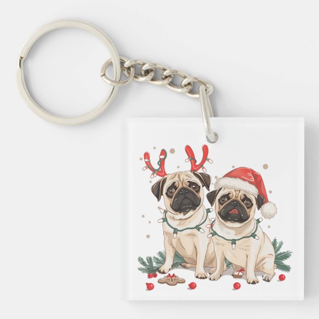 Christmas Pug Dogs Key Ring (Front)