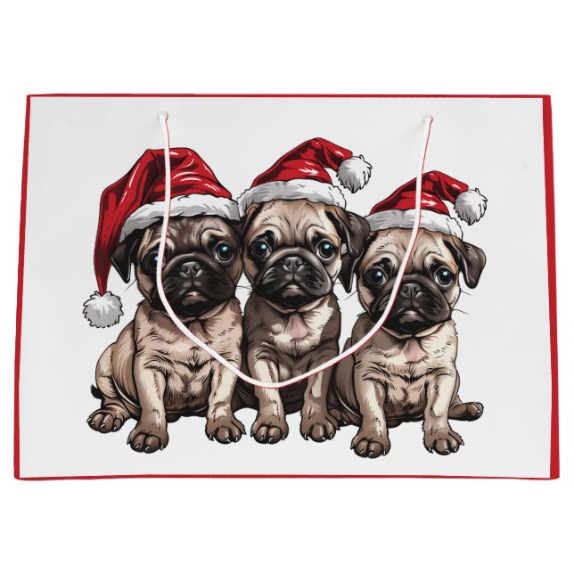 Christmas Pug Dogs Santa Large Gift Bag (Front)