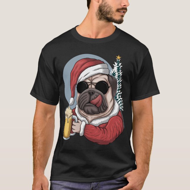 Christmas Pug Drinking Beer T-Shirt (Front)