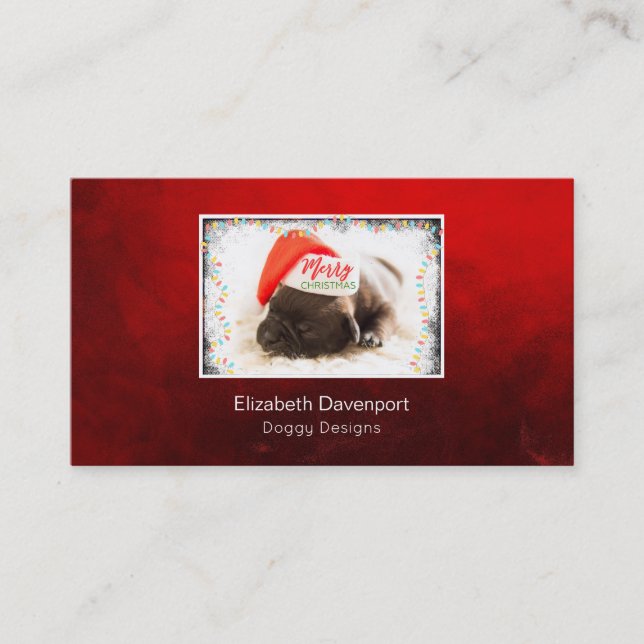 Christmas Pug in Santa Hat with Christmas Lights Business Card (Front)