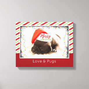 Christmas Pug in Santa Hat with Christmas Lights Canvas Print