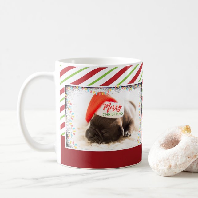 Christmas Pug in Santa Hat with Christmas Lights Coffee Mug (With Donut)
