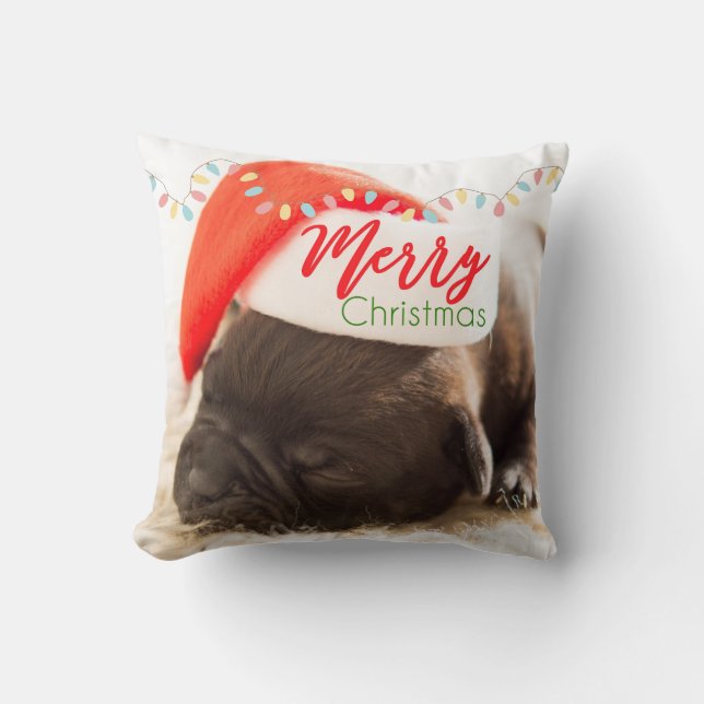 Christmas Pug in Santa Hat with Christmas Lights Cushion (Front)