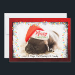 Christmas Pug in Santa Hat with Christmas Lights Holiday Card<br><div class="desc">Christmas card with an adorable photo of a pug puppy sleeping while wearing a santa hat. Merry Christmas is written on the band of his hat, in a trendy handwritten font. A grunge border with colourful Christmas lights surround the frame of this cute photo. Personalise with your name. Signature line...</div>