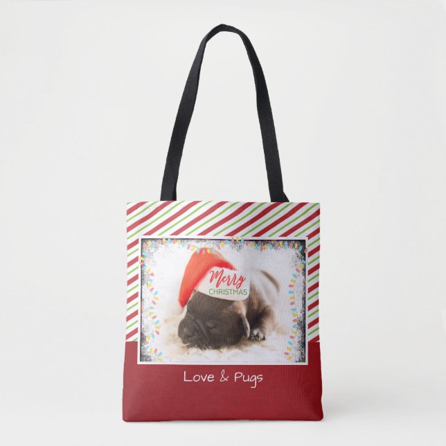 Christmas Pug in Santa Hat with Christmas Lights Tote Bag (Front)