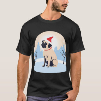 Christmas Pug in Santa Hat with Winter Background T-Shirt