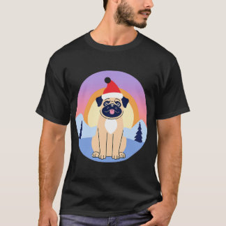 Christmas Pug in Santa Hat with Winter Background T-Shirt