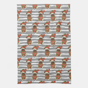 Christmas Pug Portrait Pattern Tea Towel