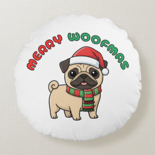 Christmas Pug Round Pillow: Merry Woofmas Cushion