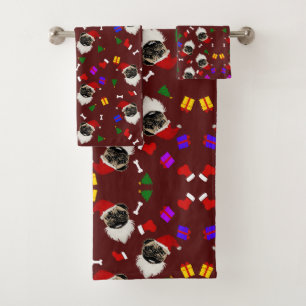 Christmas Pug Santa Hat Stockings and Gifts Bath Towel Set