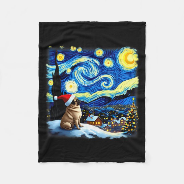 Christmas Pug Starry Night  Fleece Blanket (Front)