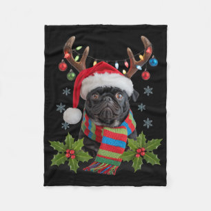 Christmas Pug With Antlers Santa Hat Cosy Scarf De Fleece Blanket