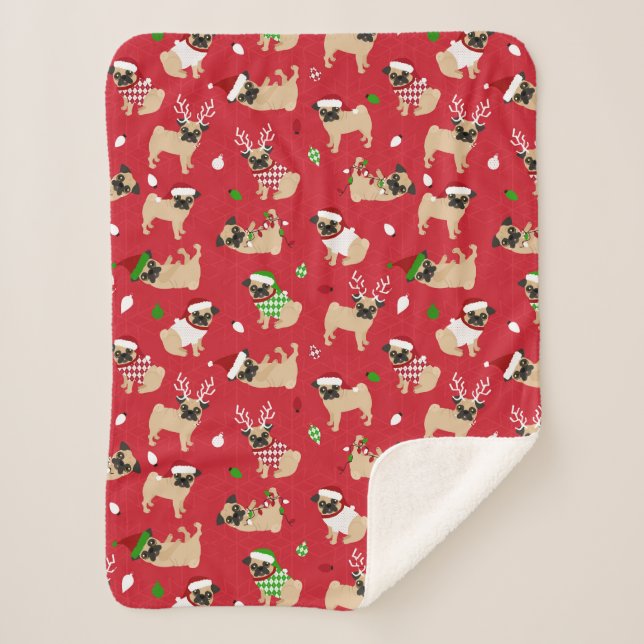 Christmas Pugs Red Sherpa Blanket (Front)