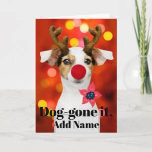 Christmas Pup Antlers Add Name Holiday Card