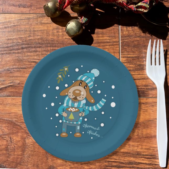 Christmas Pup Blue Paper Plate (Cute Christmas pup blue paper plate .)