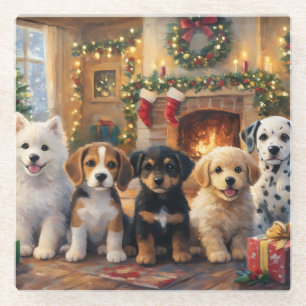 Christmas Puppies by Fireplace and Decorated Tree Glass Coaster