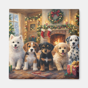 Christmas Puppies by Fireplace and Decorated Tree Magnet