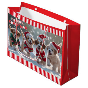 Christmas Puppies in Sweaters Playing in Snow Large Gift Bag