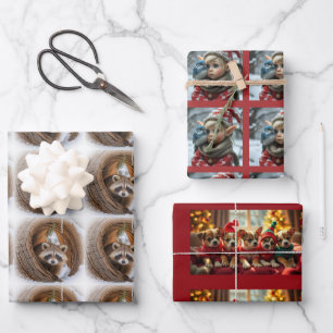 Christmas puppies, raccoon, Elf Wrapping Paper Sheet