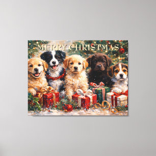 Christmas Puppies with Gifts Under Decorated Tree Canvas Print