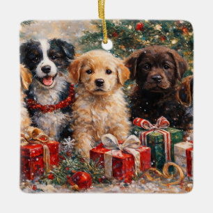 Christmas Puppies with Gifts Under Decorated Tree Ceramic Ornament