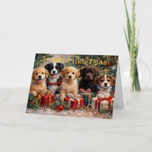 Christmas Puppies with Gifts Under Decorated Tree Foil Holiday Card