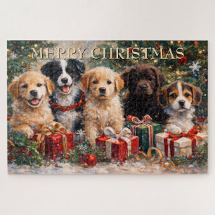 Christmas Puppies with Gifts Under Decorated Tree Jigsaw Puzzle
