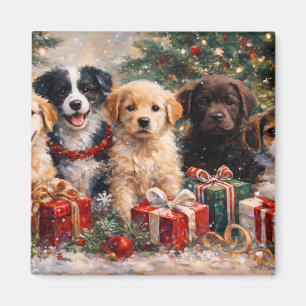 Christmas Puppies with Gifts Under Decorated Tree Magnet
