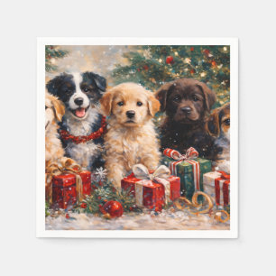 Christmas Puppies with Gifts Under Decorated Tree Napkin