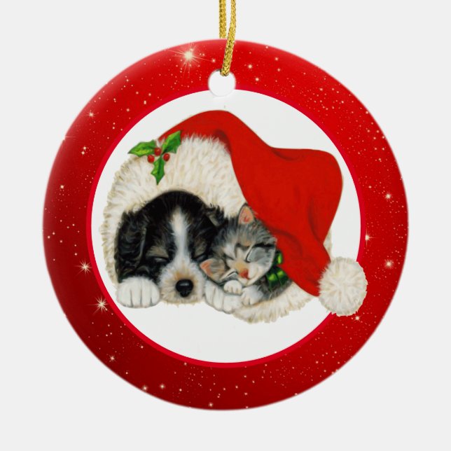 Christmas Puppy and Kitten Ceramic Tree Decoration (Front)