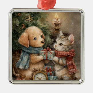 Christmas Puppy and Kitten Gift Metal Tree Decoration