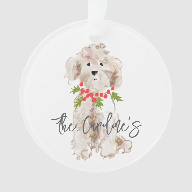 Christmas Puppy Dog Family NAME Year Holly Festive Ornament (Front)