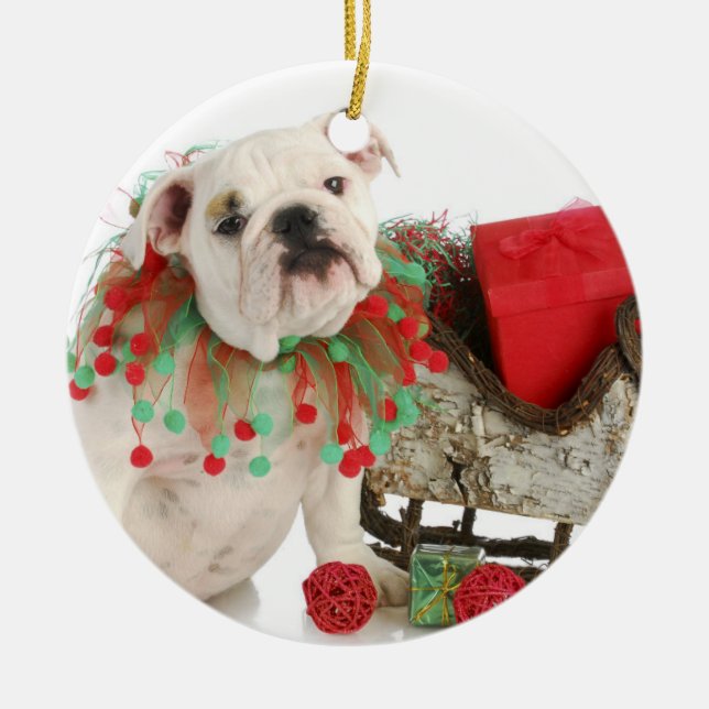 Christmas Puppy - English Bulldog Puppy Sitting Ceramic Tree Decoration (Front)
