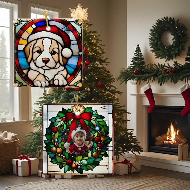 Christmas Puppy Faux Stained Glass Ceramic Ornament (Creator Uploaded)