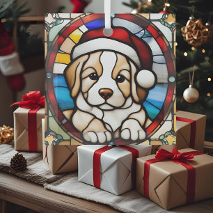 Christmas Puppy Faux Stained Glass Tree Decoration
