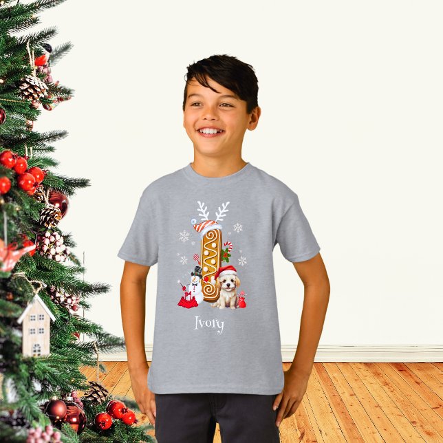 Christmas Puppy Gingerbread Name Letter I Boy  T-Shirt (Creator Uploaded)
