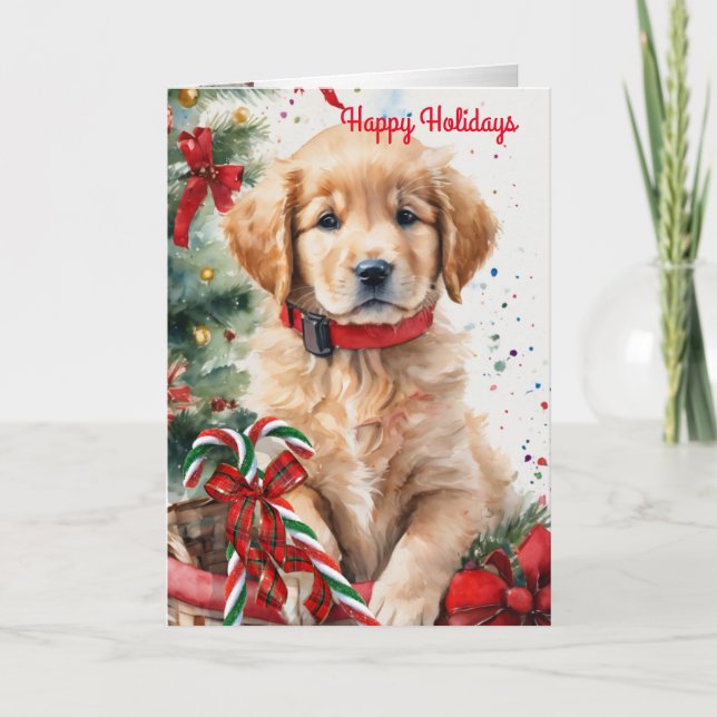Christmas puppy in a basket holiday card "Golden " (Front)