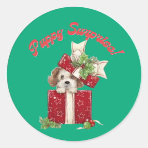 Christmas Puppy in Gift Box Holiday Surprise Classic Round Sticker