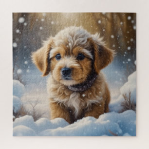 Christmas Puppy in the Snow on a Winter Day Jigsaw Puzzle