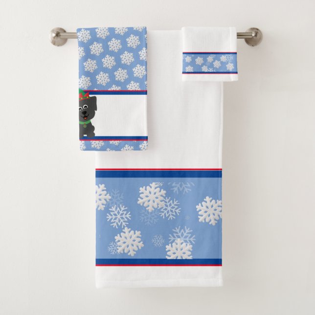 Christmas Puppy on Blue with White Snowflakes Bath Towel Set (Insitu)