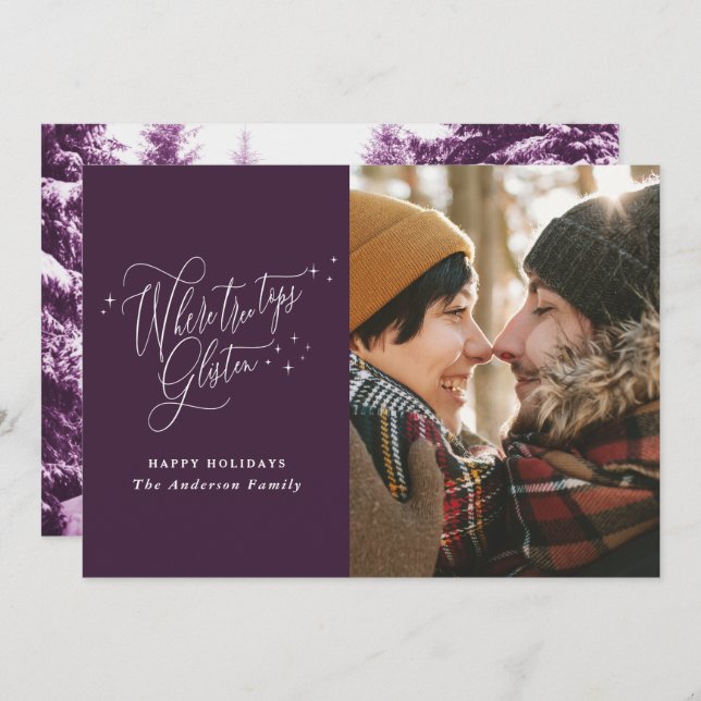 Christmas purple modern script winter forest photo holiday card (Front/Back)