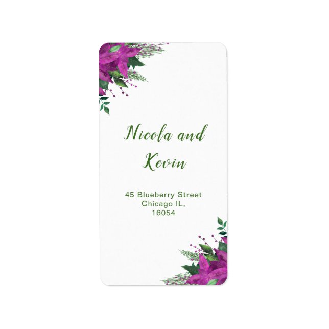 Christmas Purple Poinsettia Flowers Wedding Label (Front)