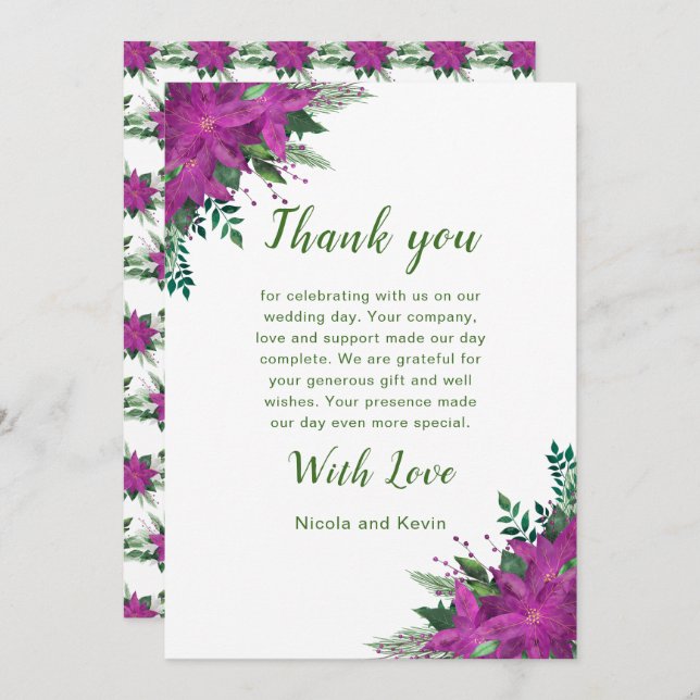 Christmas Purple Poinsettia Flowers Wedding Thank You Card (Front/Back)